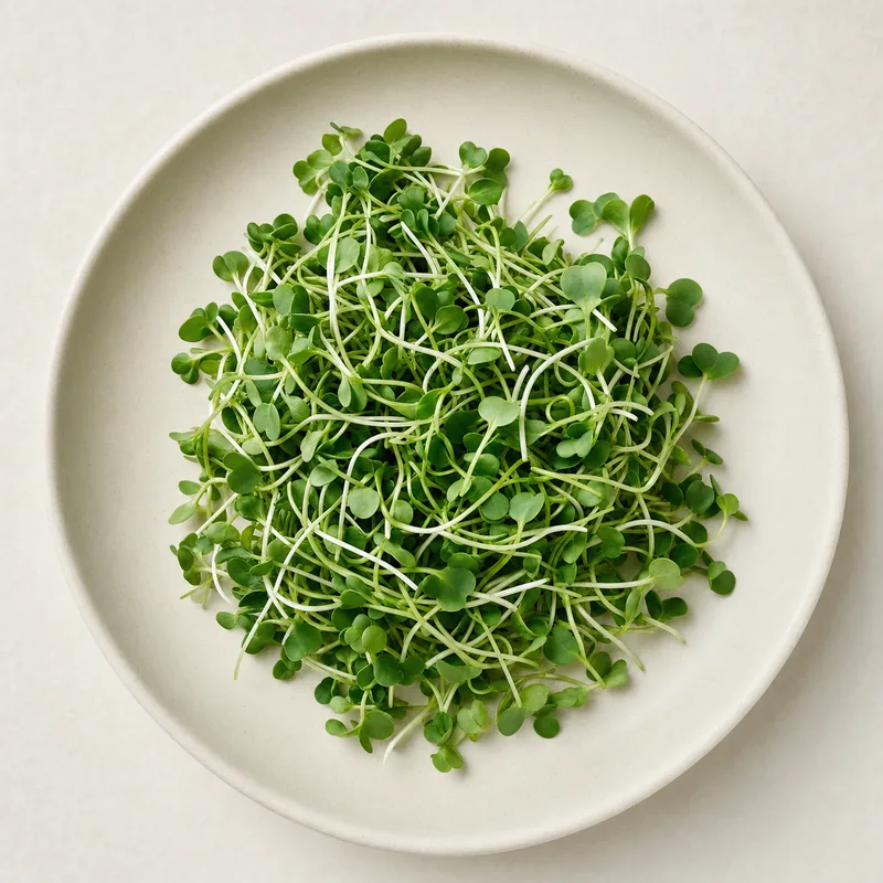 Fresh broccoli microgreens on a cream plate