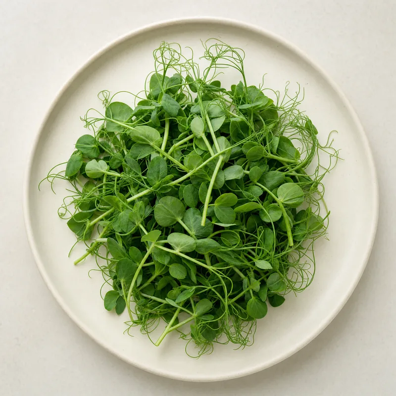 Fresh pea shoot microgreens on a cream plate