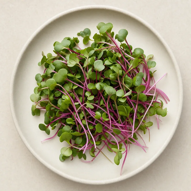 Fresh radish microgreens with pink stems on a cream plate