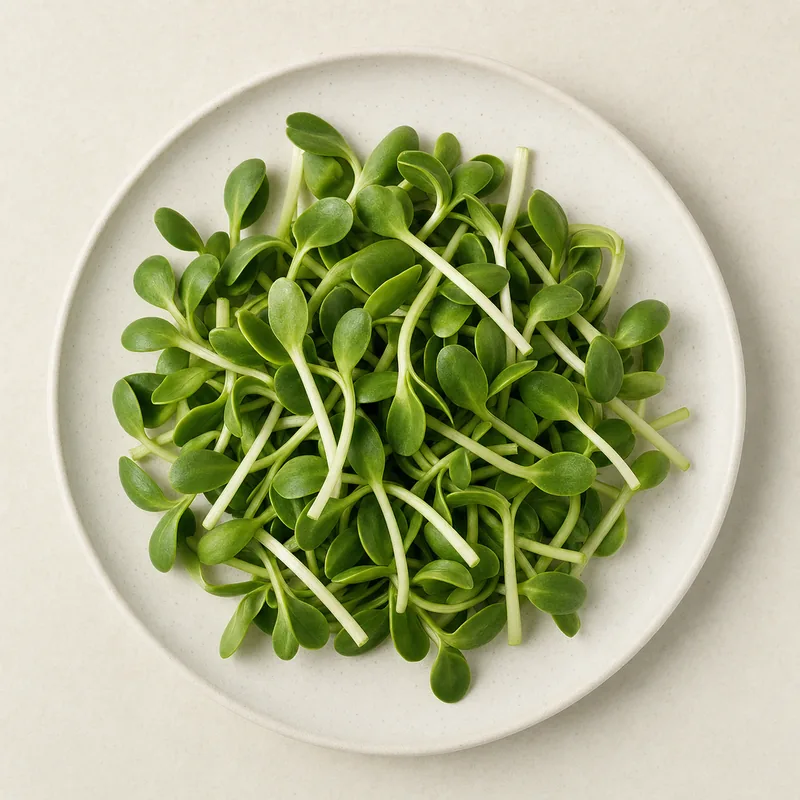 Fresh sunflower microgreens on a cream plate